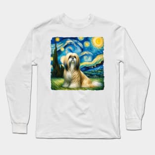 Starry Lhasa Apso Dog Portrait - Pet Portrait Long Sleeve T-Shirt